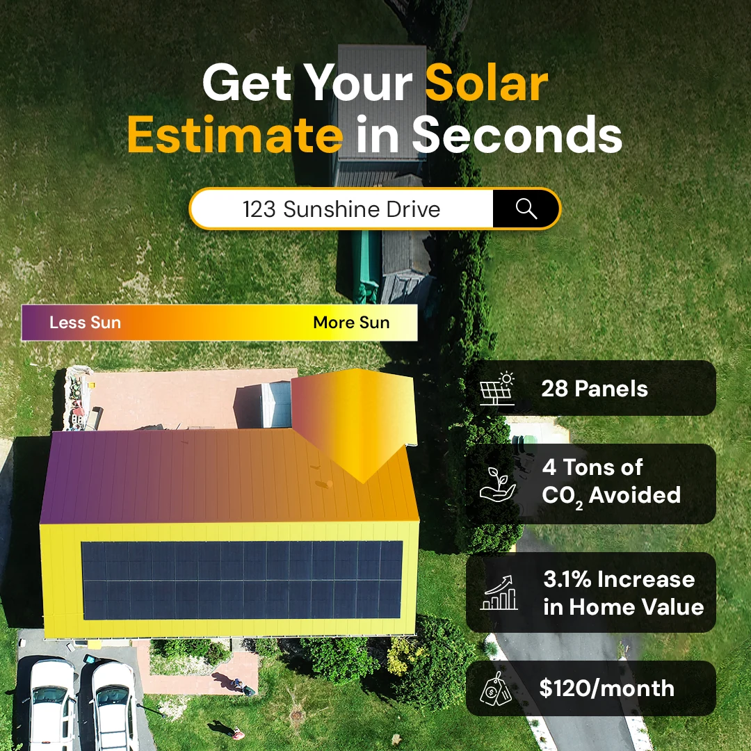 A home with solar panels with a solar irradiance map view. 