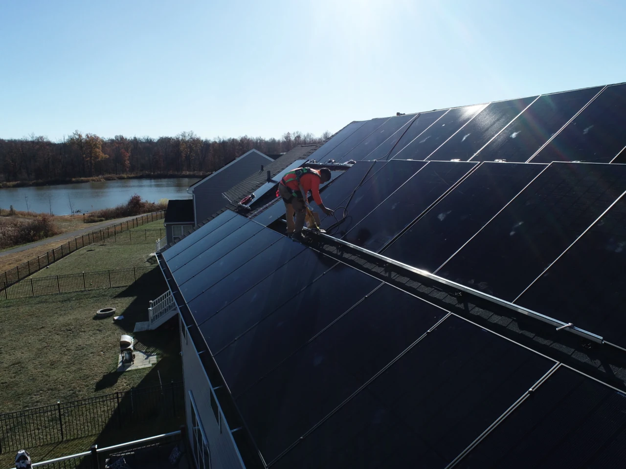 Solar installer working on a roof in Quakertown, Pennsylvania. 