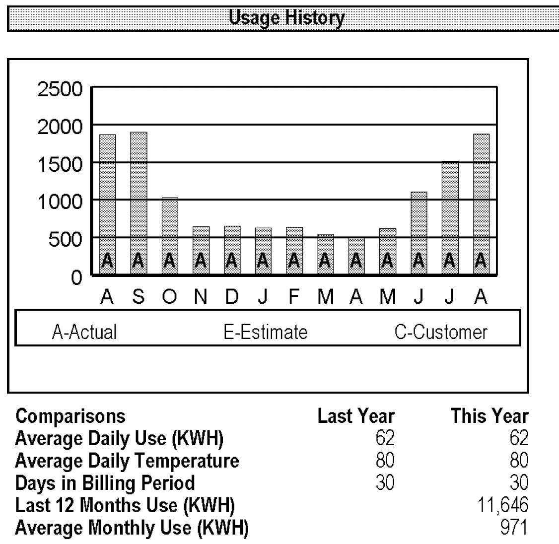 Example of a utility bill showing annual electricity usage. This 12-month history is one of the first things a solar designer reviews when sizing a solar system.